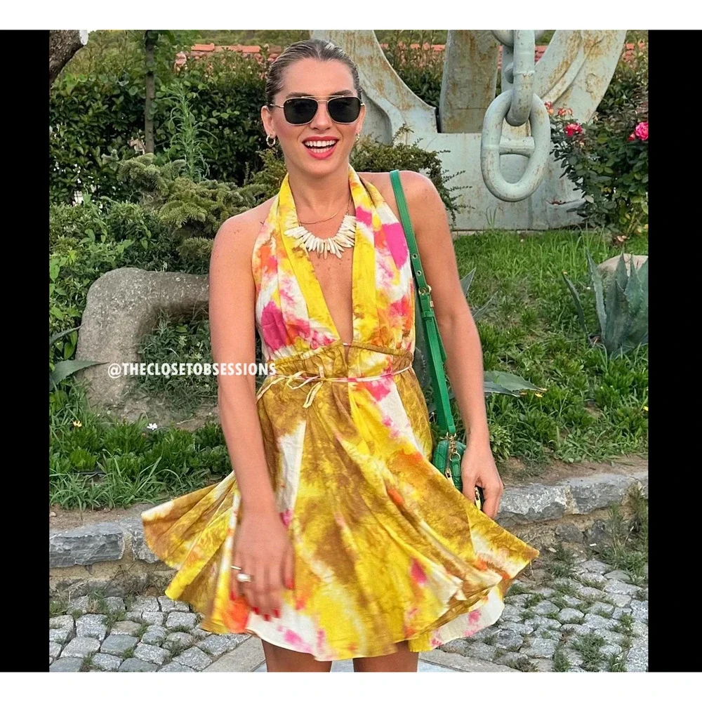 ZARA Yellow Floral Halter Mini Dress Open Back Resort Vacation Sundress NWT